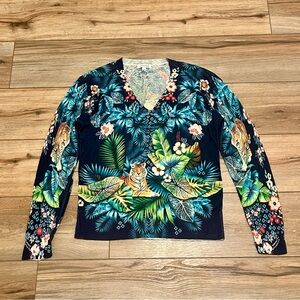 Johnny Was Tigers Printed Pullover Top SZ Small Tropical Silk Linen Blend